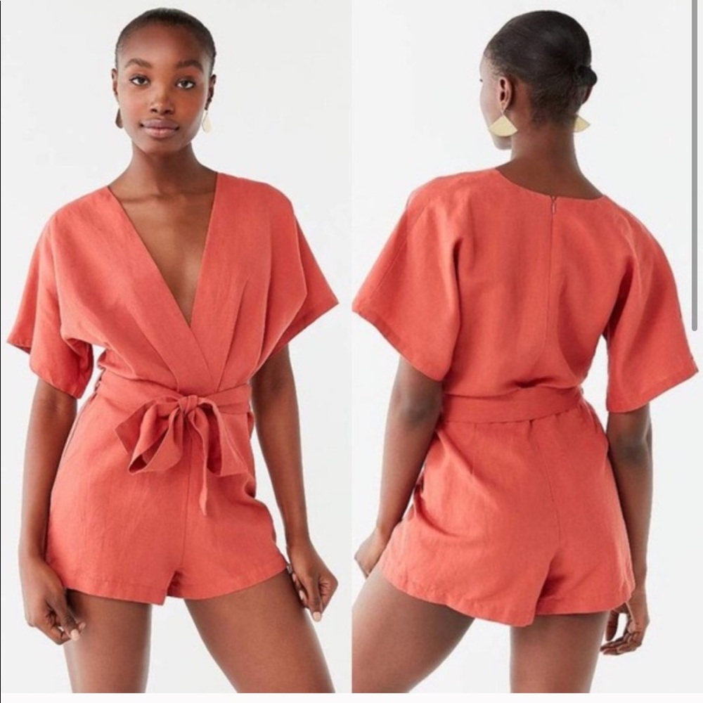 UO Surplice Ruby Linen Romper